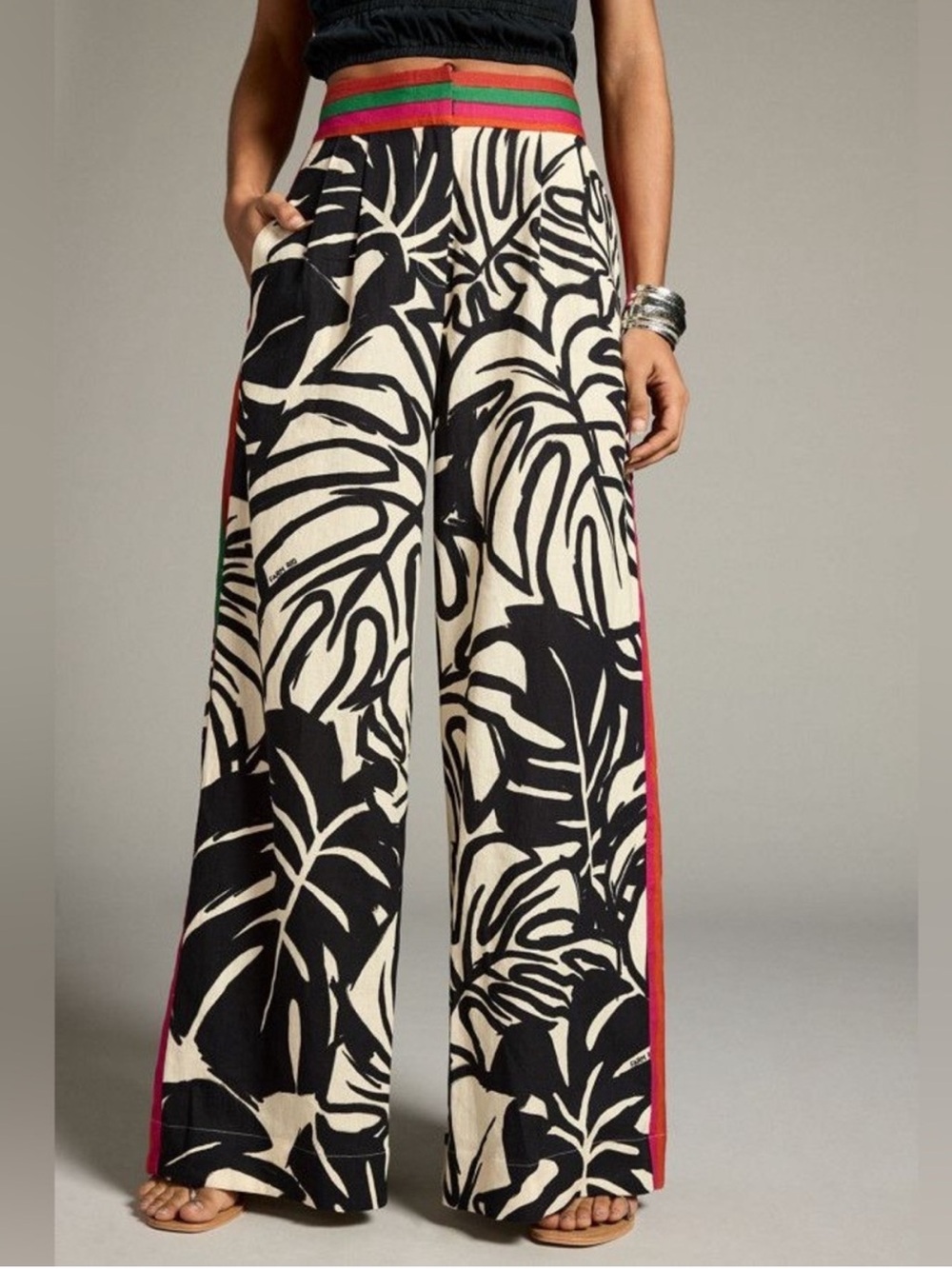 Anthropologie Black & Cream Wide-Leg Tropical Print Pants with Striped Waistband